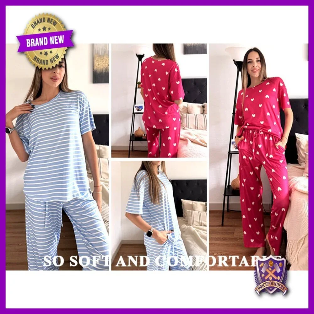 2 Pack Pajama Set Short Sleeve Tops Long Pants Lounge Wear with Pockets